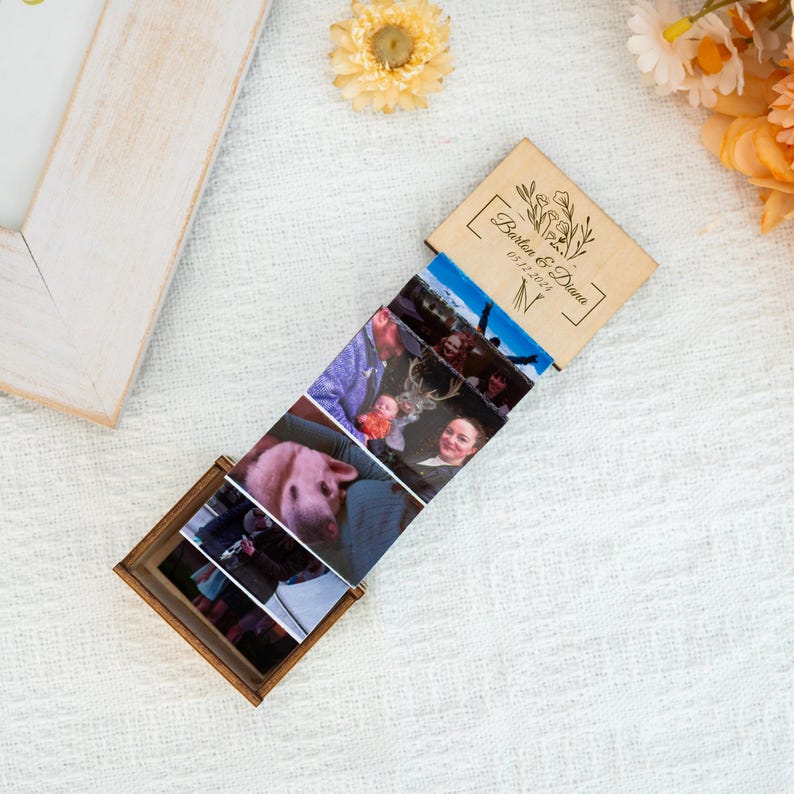 Unique Photo Gifts,Custom Pull Out Photo Album,Anniversary Gifts,Personalised Wooden Photo Frame,Gift for Him,Memory Trinket Wooden Box