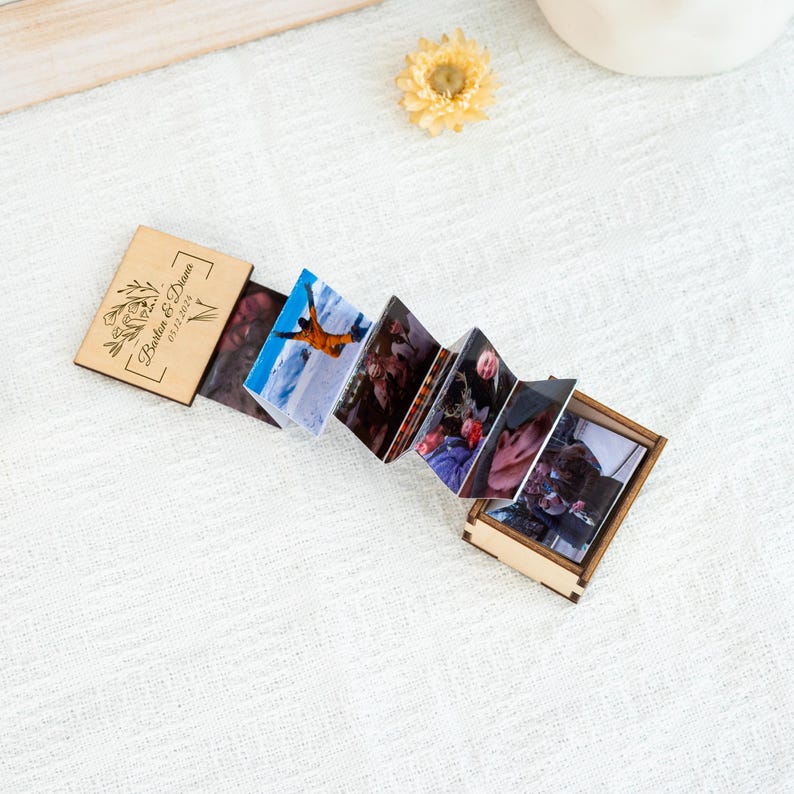 Unique Photo Gifts,Custom Pull Out Photo Album,Anniversary Gifts,Personalised Wooden Photo Frame,Gift for Him,Memory Trinket Wooden Box
