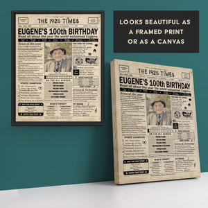 100th Birthday newspaper poster, Custom Poster Canvas 100th birthday party decor, Birthday poster containing news & highlights from 1925