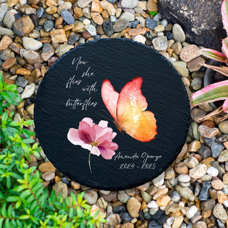 Now She Flies With Butterflies Memorial Garden Stone, Sympathy Gift, Slate Grave Marker, Remembrance, Bereavement Gift, Loss of a Loved One