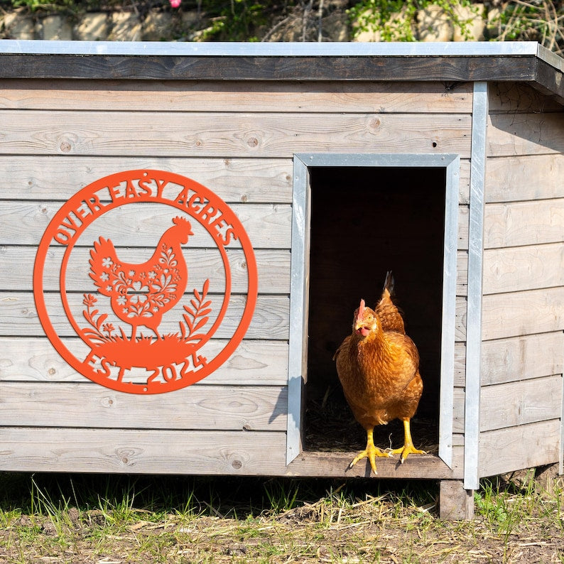 Metal Chicken Sign with Floral Design - Unique Personalized Farm Decor - Charming Custom Chicken Coop Plaque - Rustic Farmhouse Wall Hanging