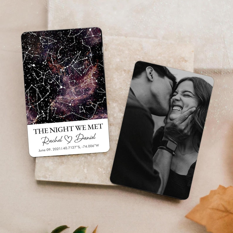 Custom Metal Wallet Card, Star Map Constellation, Couple Photo Wallet Card, Anniversary Gift for Boyfriend, Husband, Photo Love Note Card