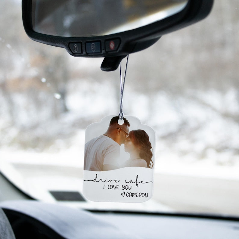Personalized Photo Car Ornament | Valentine's Gift for Boyfriend | Custom Drive Safe Car Charm | Gift for Him | Husband Valentines Day Gift