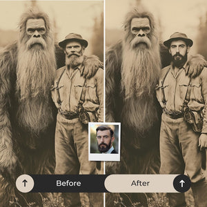 Custom Explorer Portrait with Cryptid, 1890s Wilderness Art for Adventurers and Mythological Creature Enthusiasts