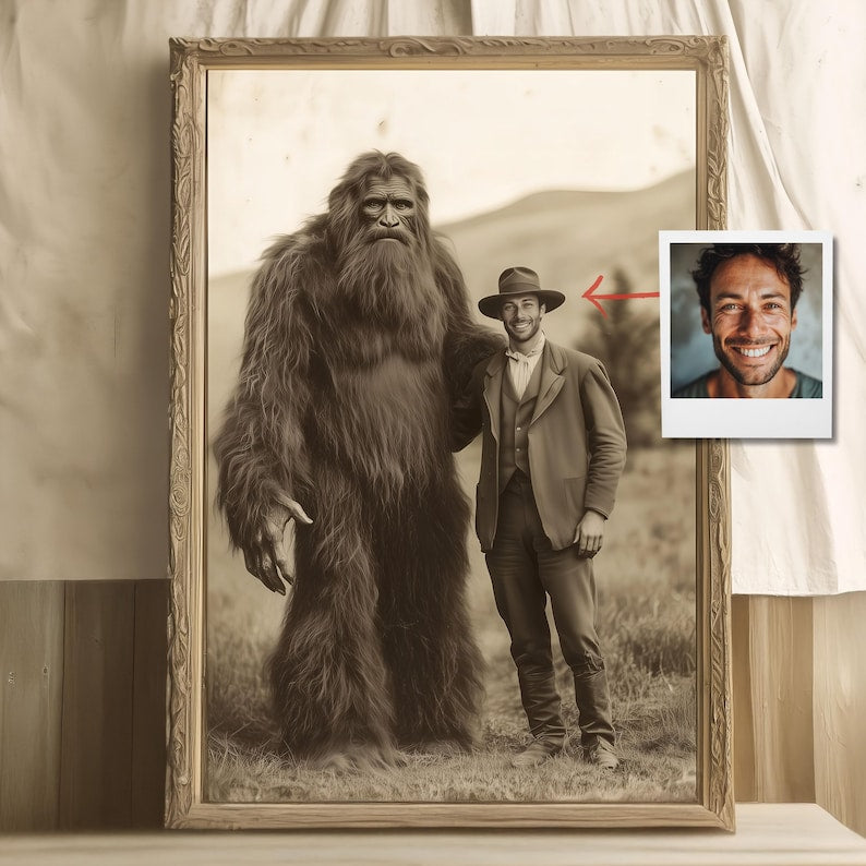 Custom Explorer Portrait with Cryptid, 1890s Wilderness Art for Adventurers and Mythological Creature Enthusiasts