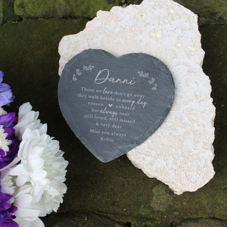 Graveside Memorial Ornament, Small Personalised Memorial Plaque, Slate Heart Shaped Cemetery Grave Decoration, Loved One Remembrance Gift