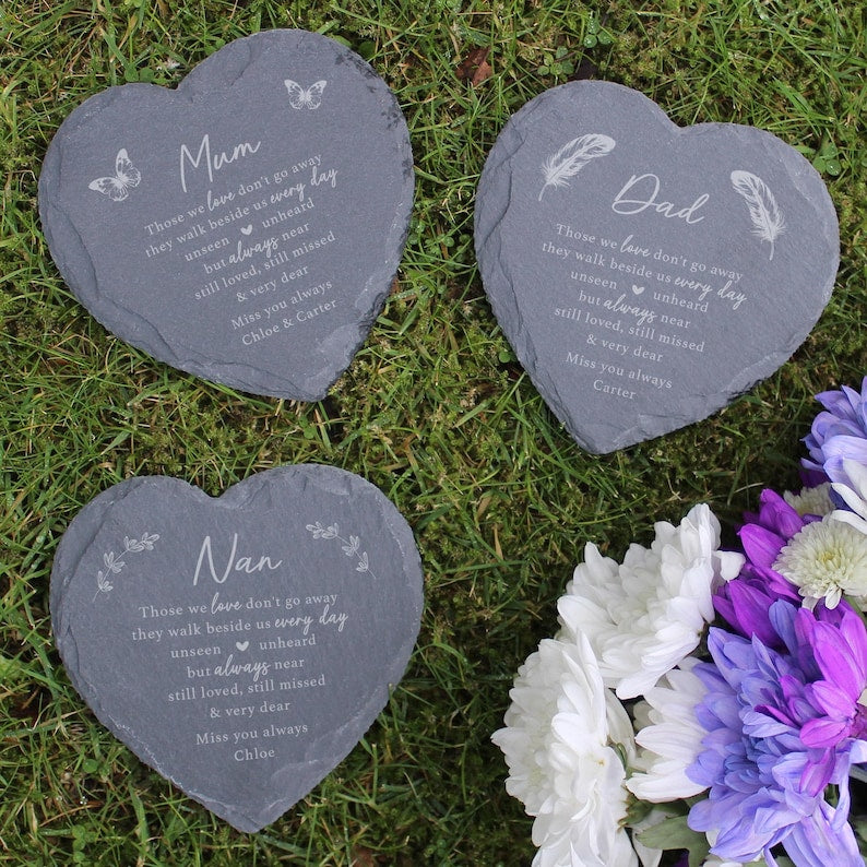 Graveside Memorial Ornament, Small Personalised Memorial Plaque, Slate Heart Shaped Cemetery Grave Decoration, Loved One Remembrance Gift