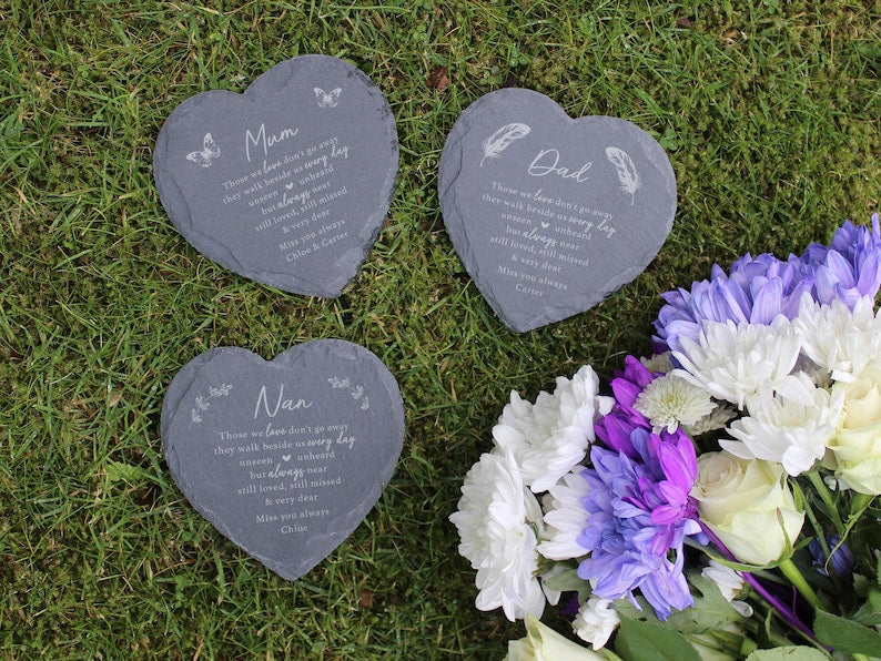 Graveside Memorial Ornament, Small Personalised Memorial Plaque, Slate Heart Shaped Cemetery Grave Decoration, Loved One Remembrance Gift