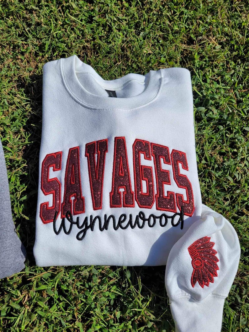 Custom School/Mascot School Spirit Glitter Applique Embroidered Sweatshirt with Sleeve Embroidery il_794xN.6609113300_7x4t.jpg