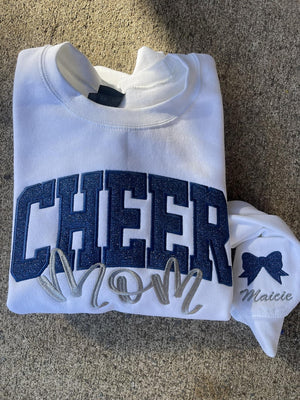 Cheer Mom, Cheer Custom Title with Name on Sleeve Glitter Applique Embroidered Sweatshirt