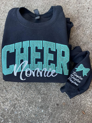 Cheer Mom, Cheer Custom Title with Name on Sleeve Glitter Applique Embroidered Sweatshirt