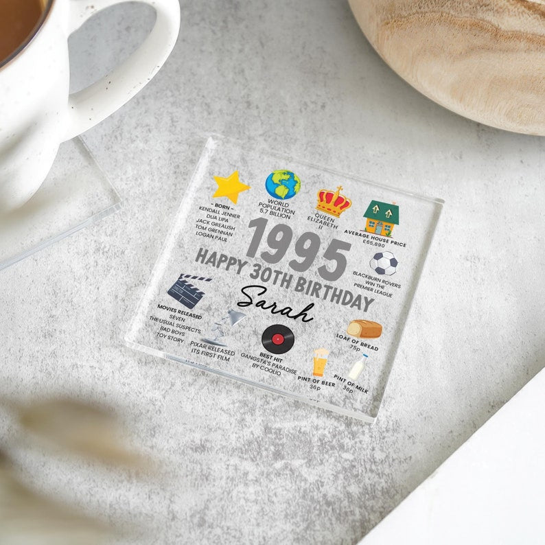 Personalised 30th Birthday Acrylic Table Sign, Coaster, Keep Book ,Fun Facts Gift, Funny 30th Birthday Gifts, Novelty Birthday Gifts, Fun Facts Birthday Gifts