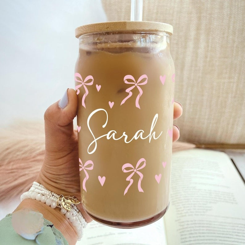 Custom Glass Tumbler Valentine Day, Personalized Glass Cup Galentines Gift, Cute Valentine Coquette Gift Best Friends