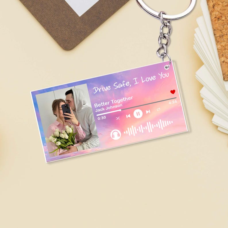 Song Keychain, Custom Photo Keychain, Couple Keychain, Music Keychain, Valentines Day Gift for Him, Drive Safe Gift, Photo Couple Gifts