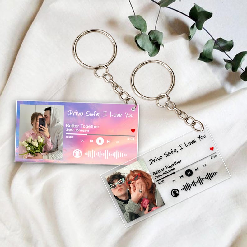 Song Keychain, Custom Photo Keychain, Couple Keychain, Music Keychain, Valentines Day Gift for Him, Drive Safe Gift, Photo Couple Gifts
