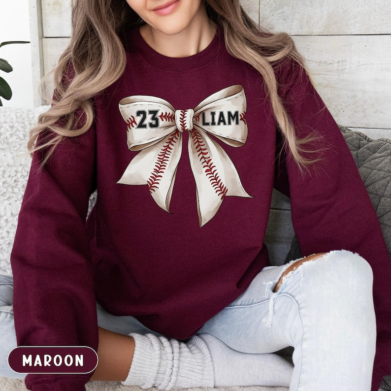 Custom Baseball Coquette Sweatshirt, Baseball Bow Sweatshirt, Baseball Mom Sweatshirt, Custom Game Day Sweatshirt, Sports Mom Sweatshirt