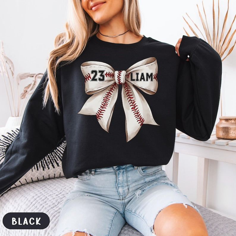 Custom Baseball Coquette Sweatshirt, Baseball Bow Sweatshirt, Baseball Mom Sweatshirt, Custom Game Day Sweatshirt, Sports Mom Sweatshirt