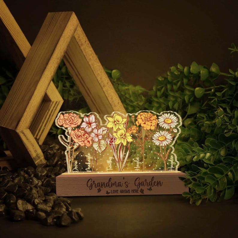 Customized Grandma's Graden Night Light, Personalized Birth Month Flower, Mother's Day Gift, Gift for Grandma, Gift for Mom, LED Light