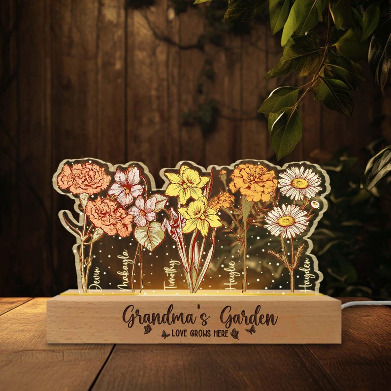 Customized Grandma's Graden Night Light, Personalized Birth Month Flower, Mother's Day Gift, Gift for Grandma, Gift for Mom, LED Light