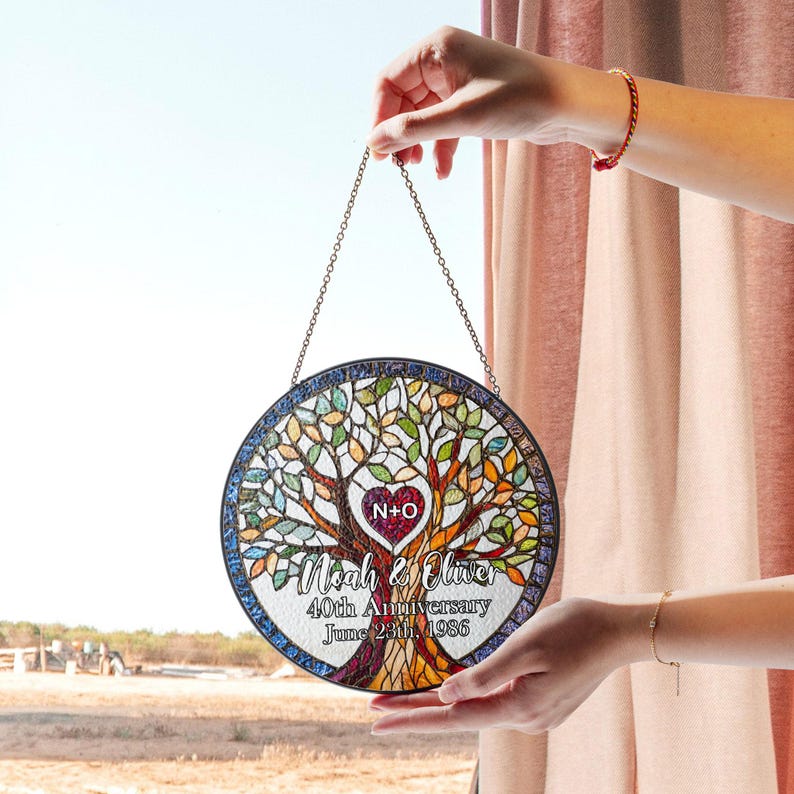 Personalized Heart Tree Stained Glass Panel with Initials and Date, Perfect Wedding Anniversary Gift for 10th, 25th, 40th, 50th Celebration