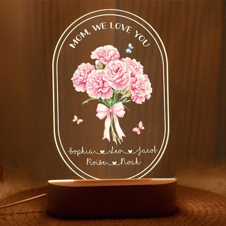 Personalized Mother's Day Gift For Mom, Custom Birth Month Flower Night Light, Bouquet Floral Mom With Kids Name Led Light, Gift For Grandma