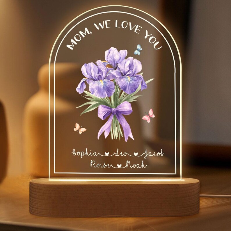 Personalized Mother's Day Gift For Mom, Custom Birth Month Flower Night Light, Bouquet Floral Mom With Kids Name Led Light, Gift For Grandma