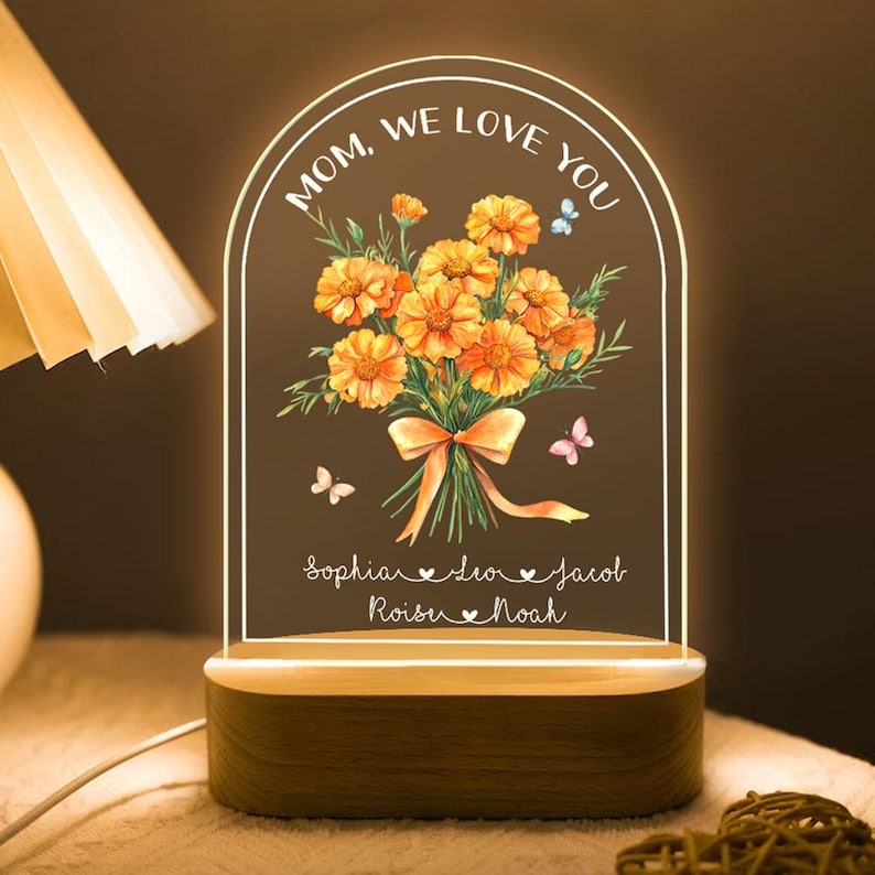 Personalized Mother's Day Gift For Mom, Custom Birth Month Flower Night Light, Bouquet Floral Mom With Kids Name Led Light, Gift For Grandma