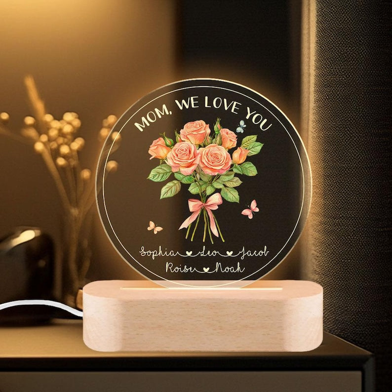 Personalized Mother's Day Gift For Mom, Custom Birth Month Flower Night Light, Bouquet Floral Mom With Kids Name Led Light, Gift For Grandma