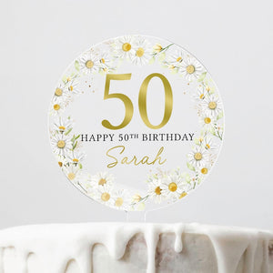 Personalised Daisy Happy Birthday Cake Topper, Birthday Acrylic Cake Topper, 18th 21st 30th 40th 50th Birthday, Clear Round Cake Topper