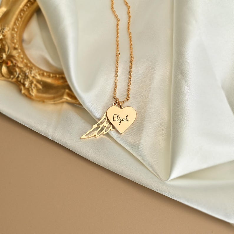 Heart Pendant Name Necklace with Angel Wing, Engraved Name Wing Necklace, Memorial Necklace, Sympathy Gift, Keepsake Gift, Mothers Day Gift