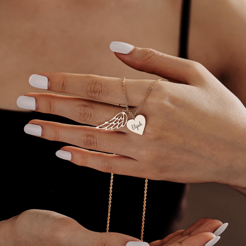 Heart Pendant Name Necklace with Angel Wing, Engraved Name Wing Necklace, Memorial Necklace, Sympathy Gift, Keepsake Gift, Mothers Day Gift