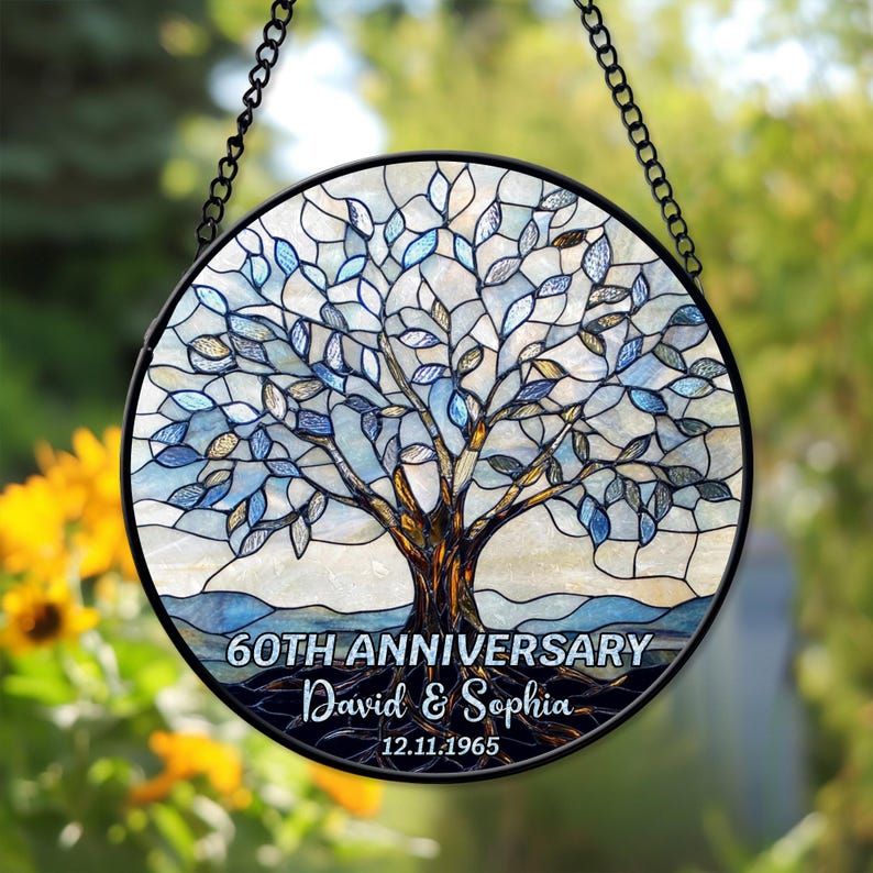Personalized 60th Wedding Anniversary Window Faux Stained Glass Suncatcher, Wedding Anniversary Keepsake, Diamond Wedding Anniversary Gift