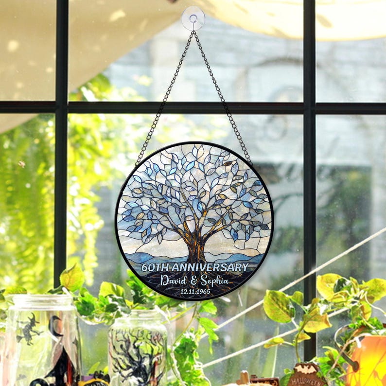 Personalized 60th Wedding Anniversary Window Faux Stained Glass Suncatcher, Wedding Anniversary Keepsake, Diamond Wedding Anniversary Gift