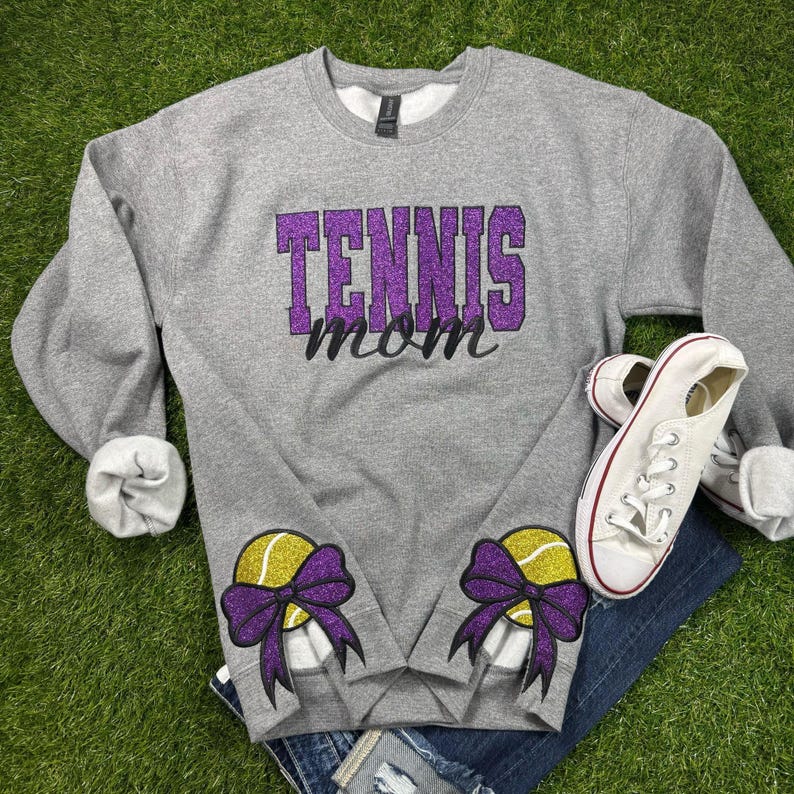 Tennis Mom Glitter Embroidered Sweatshirt with Side Bows Personalized gift for Mom, Mother's day gift sport mom gift