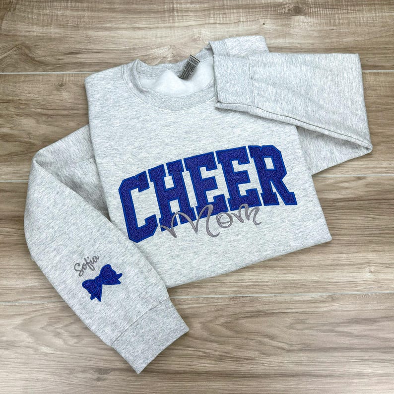 Custom Embroidered Glitter Cheer Mom Sweatshirt | Embroidered with Child's Name | Personalized Cheer Team Spirit | Cheer Mom Gift