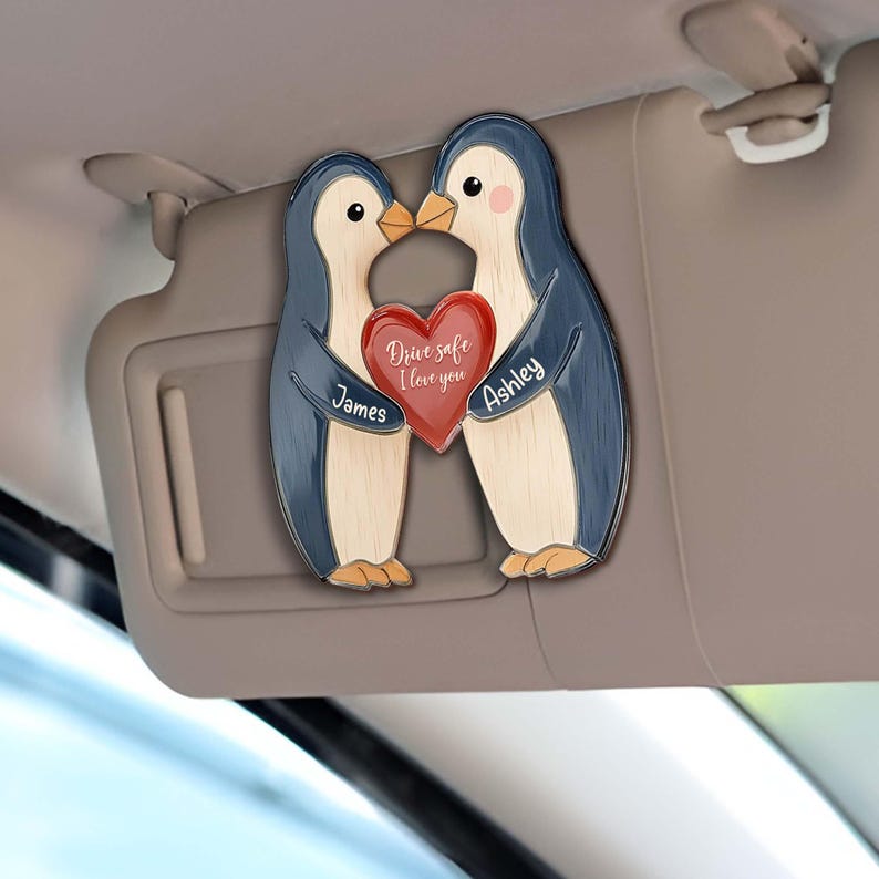 Personalised Penguin Pebble Romantic Gift for Girlfriend, Boyfriend, Custom Car Visor Clip, Drive Safe, Sun Visor Clip, Anniversary couples