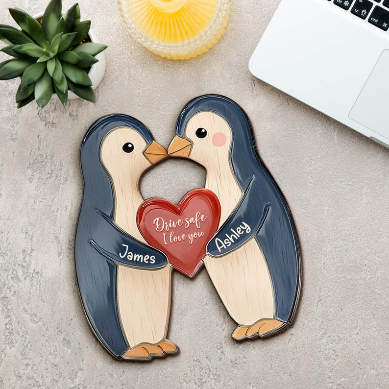 Personalised Penguin Pebble Romantic Gift for Girlfriend, Boyfriend, Custom Car Visor Clip, Drive Safe, Sun Visor Clip, Anniversary couples