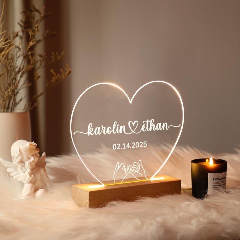 Custom Night Light as Valentines Day Gift, Heart Shape Personalized Night Light, Anniversary Gifts for Him or Her, Romantic Engagement Gift