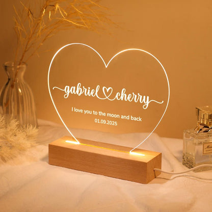 Custom Night Light as Valentines Day Gift, Heart Shape Personalized Night Light, Anniversary Gifts for Him or Her, Romantic Engagement Gift
