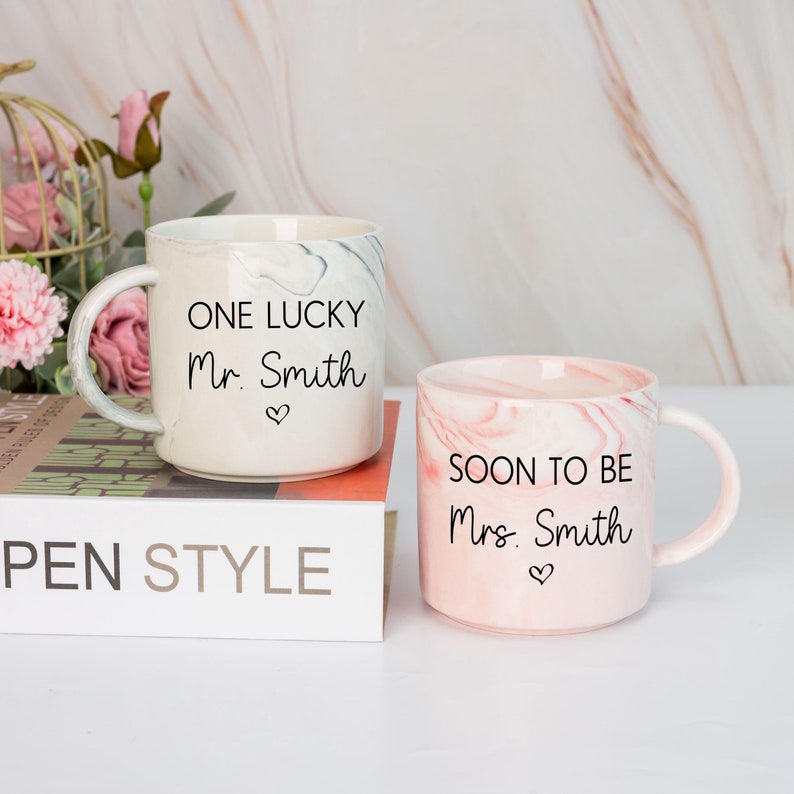 Personalised Engagement Gift, His & Hers Printed Mugs, Soon to be Mrs, One Lucky Mr, Marble Mugs, Bride To Be Mug