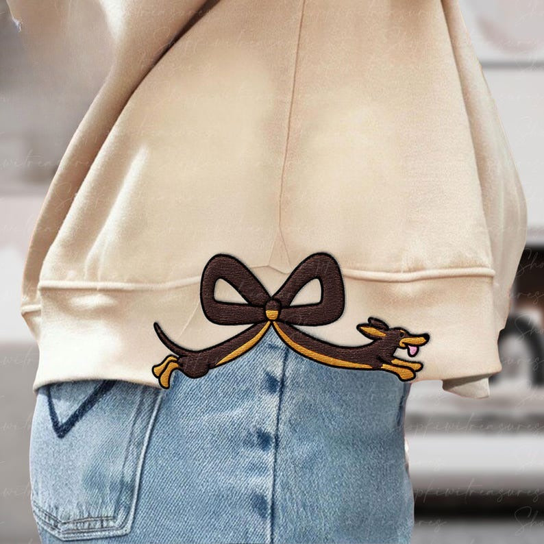 Dachshund Bow Side Bow Embroidery Sweatshirt, Dachshund Mama Sweatshirt, Dog Mama Coquette Embroidered Sweatshirt, Dachshund Lovers Gift