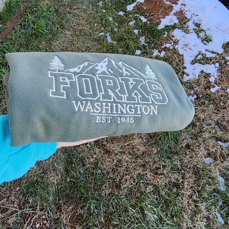 Forks Washington Embroidered Crewneck Sweatshirt, Twilight Inspired Pacific Northwest Apparel PNW Souvenir Traveling Sweater National Parks il_794xN.6621579243_m1lv.jpg