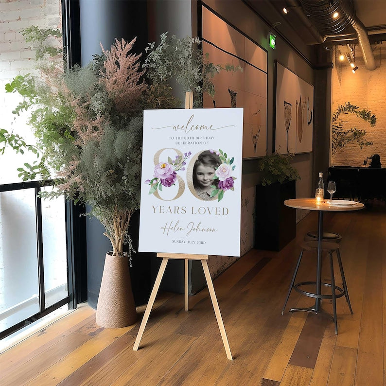 80 Years Loved Sign, 80th Birthday Welcome Sign, Floral 80th Welcome Sign with Photo, Look Who's 80 Welcome Sign, 80th Birthday Decorations