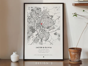 Personalised Couple Map - Engagement Gift, Map Prints Any Location, City Print, Town Map, Love Map Print, Map Gift, Map Prints Poster