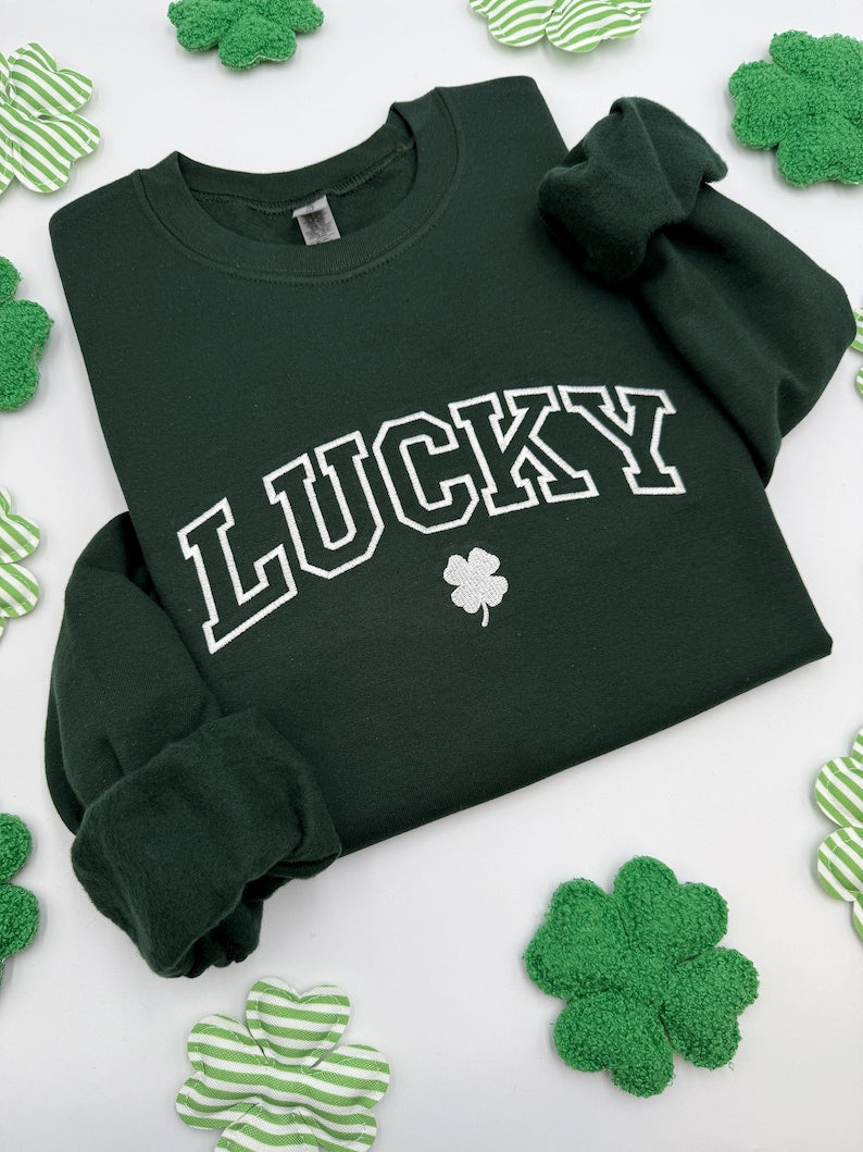 Embroidered St. Patricks Day Sweatshirt-Hoodies, Lucky Unisex Crewneck, Shamrock-Irish Sweatshirt, St Pattys, Simple Holiday Sweater, Gift