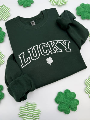 Embroidered St. Patricks Day Sweatshirt-Hoodies, Lucky Unisex Crewneck, Shamrock-Irish Sweatshirt, St Pattys, Simple Holiday Sweater, Gift