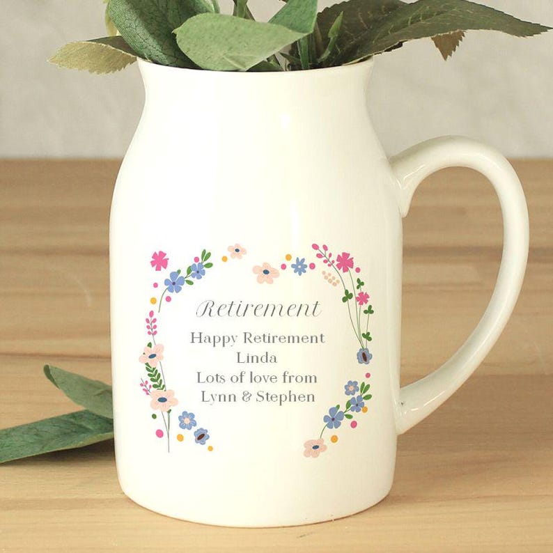 Personalised Retirement Flower Jug - Ceramic Retirement Gift for her, woman - Add any message