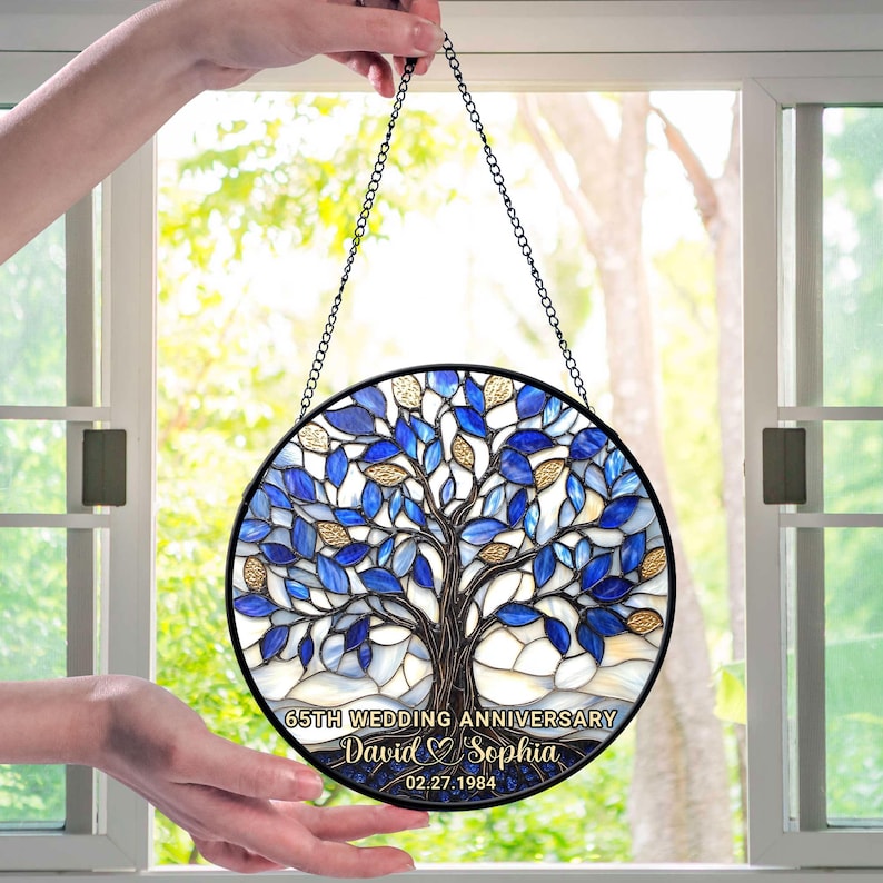 Personalized 65th Wedding Anniversary Window Faux Stained Glass Suncatcher, Wedding Anniversary Keepsake, Sapphire Wedding Anniversary Gift