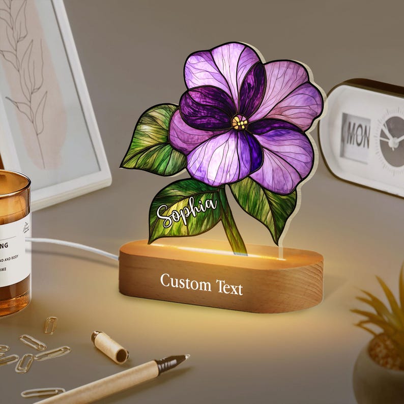 Birth Flower With Name LED Night Light Lamp, Birth Month Flower Gift Home Decor, Birth Flower Memorial Family Gift, Mothers Day Gift For Mom