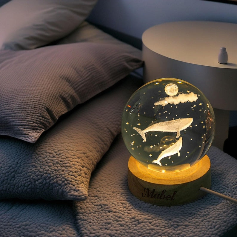 Custom Jellyfish Night Lamp, Cute Room Decor, Whale Ball Night Light, Glass Globe Light, Sphere Desk Lamp, 3d Engraved Crystal Novelty Decor